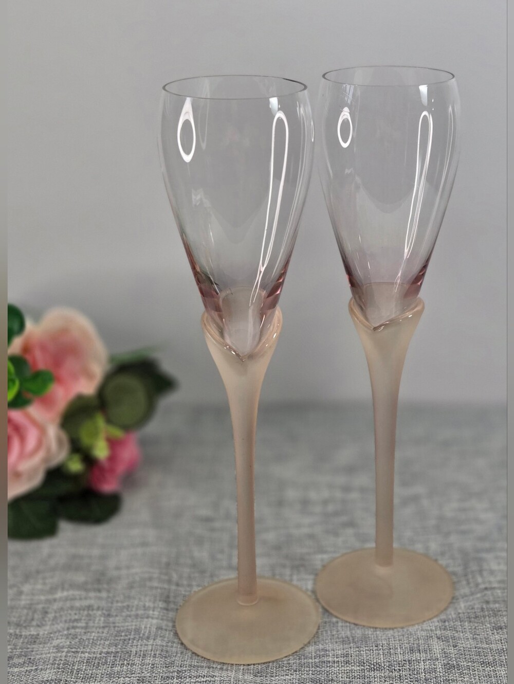 Vintage Mikasa Sea Mist Pink Champaign Glasses Frosted Stem Rueven Glass Set